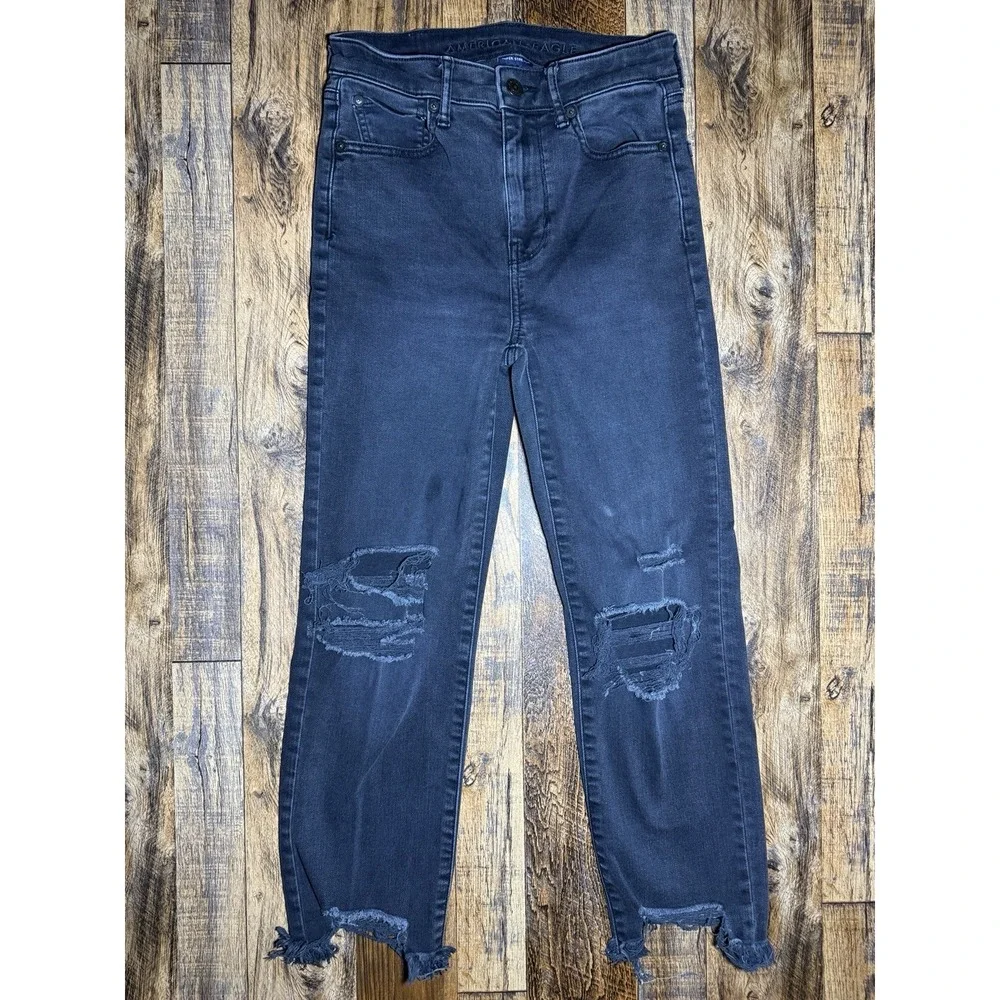 American Eagle Womens Sz 0 ‎ Straight Crop Jeans Black Regular Button Fly